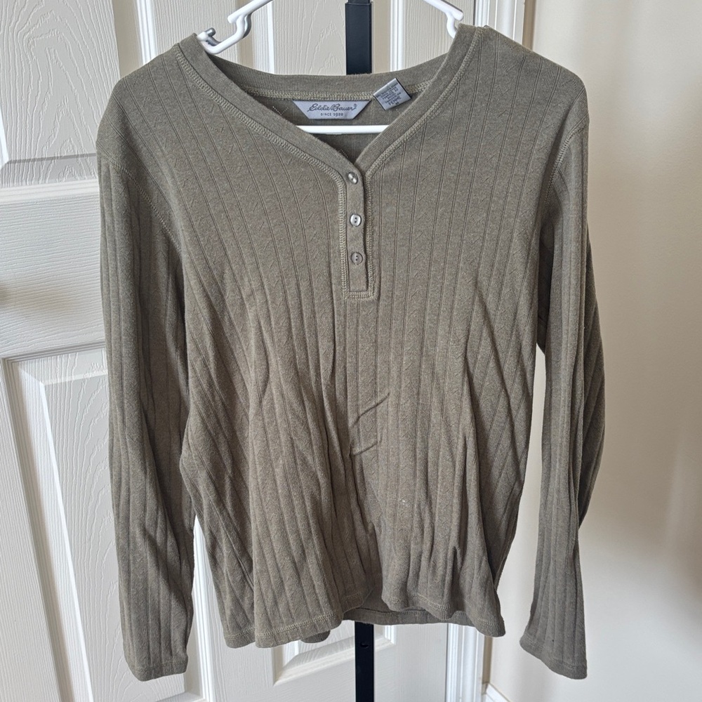 Eddie Bauer Olive Green Ribbed Long Sleeve Henley